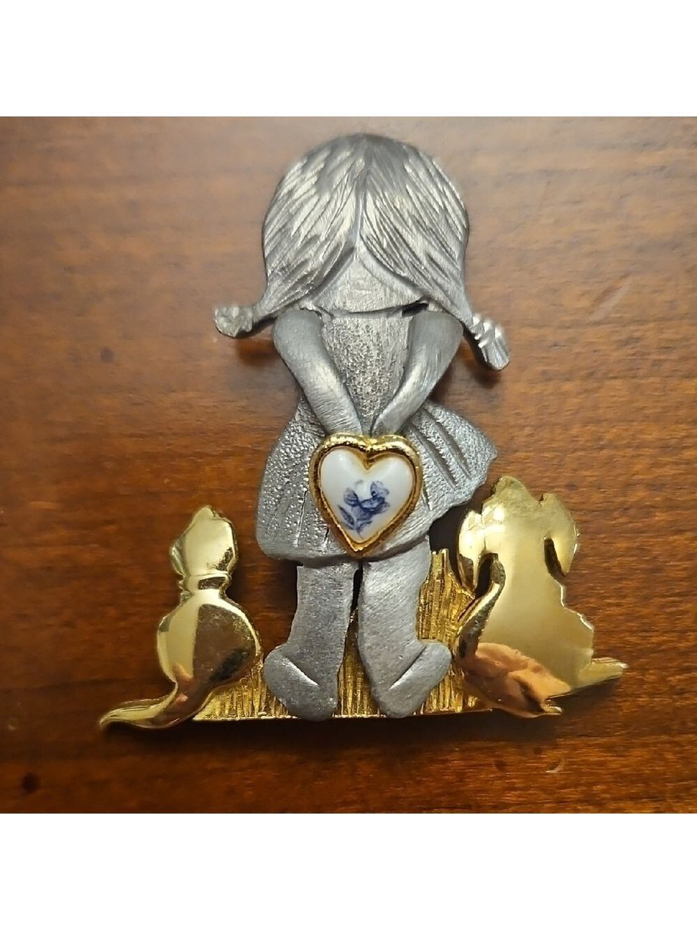 Pin Ultra craft Lttle Girl With Cat And Dog Holdong A Heart Pewter Look And Gold